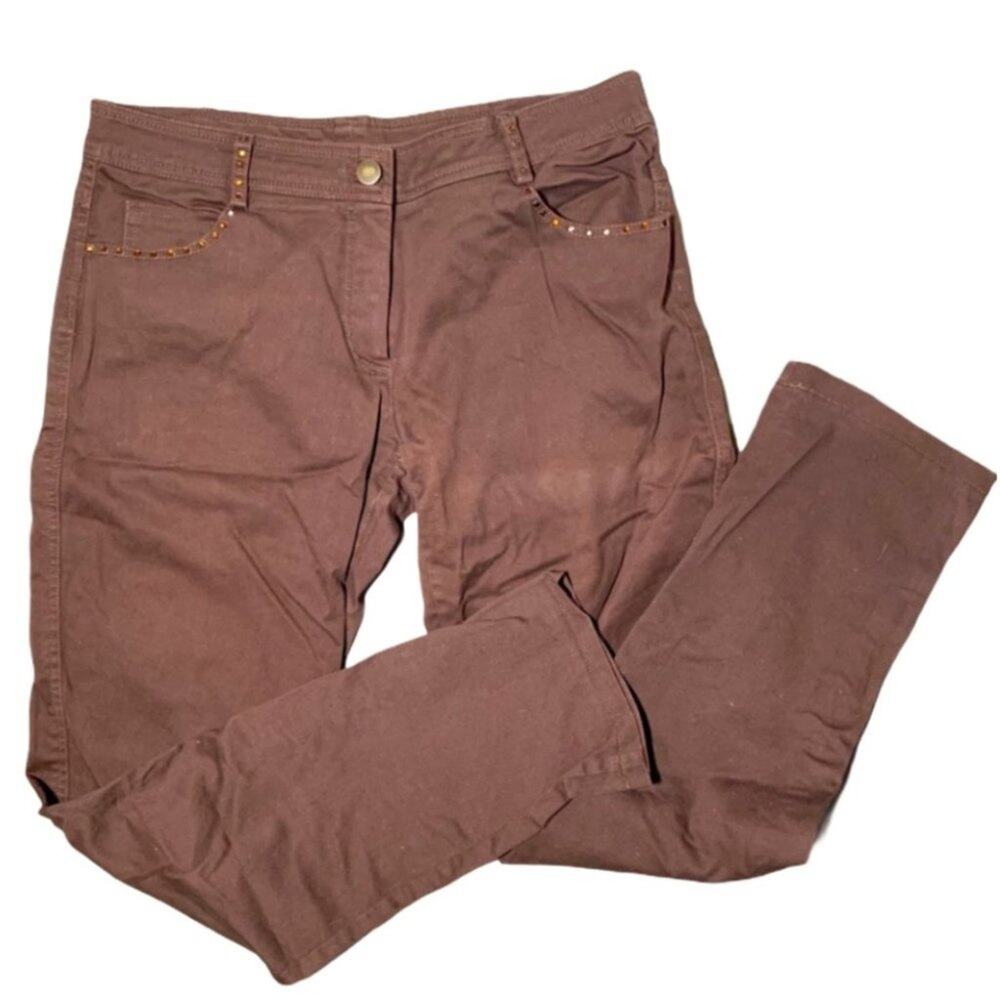 Joyous & Free Brown Rhinestone Embellished Straight Leg Cotton Blend Pants 4